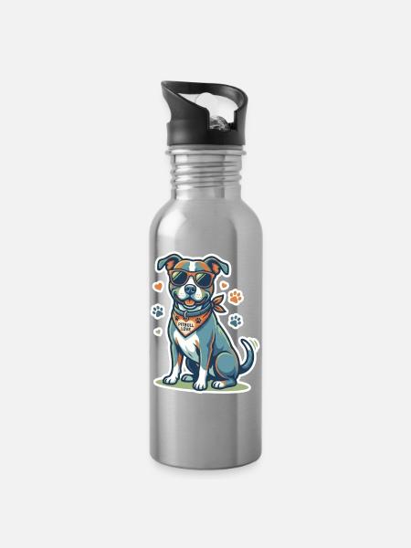 Cooler Pitbull mit Sonnenbrille – Süßer Pitbull Love Dog - Trinkflasche mit integriertem Trinkhalm - Lightsilver