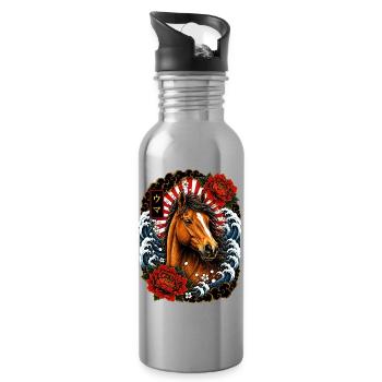 Pferd im japanischen Irezumi Tattoo Stil - Trinkflasche mit integriertem Trinkhalm - Lightsilver - Rechts