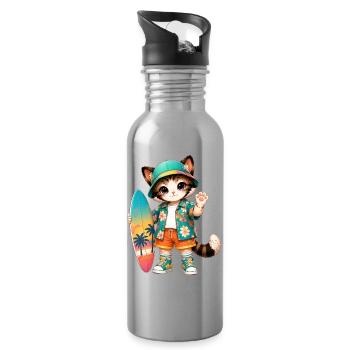 Kawaii tropical surfer cat - Water bottle with straw - silver - Right