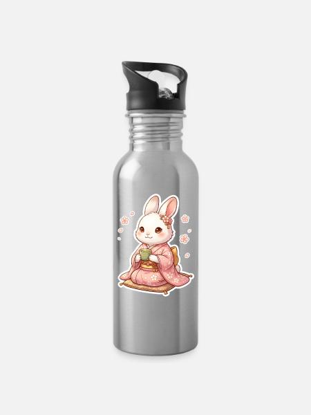 Weißer Hase - Trinkflasche mit integriertem Trinkhalm - Lightsilver
