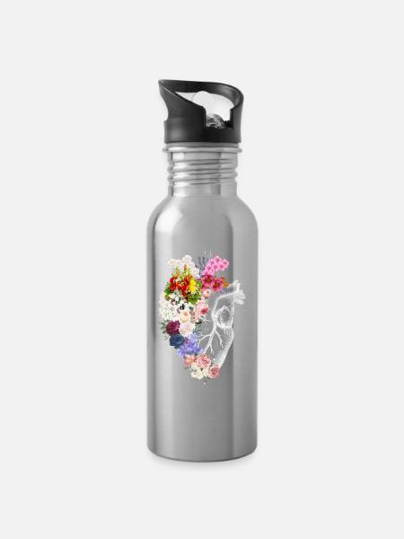 Floral Anatomical Heart - Water bottle with straw - silver