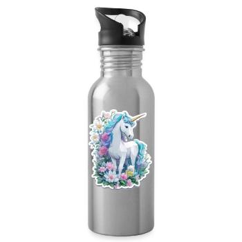 Einhorn im Blumengarten - Trinkflasche mit integriertem Trinkhalm - Lightsilver - Rechts