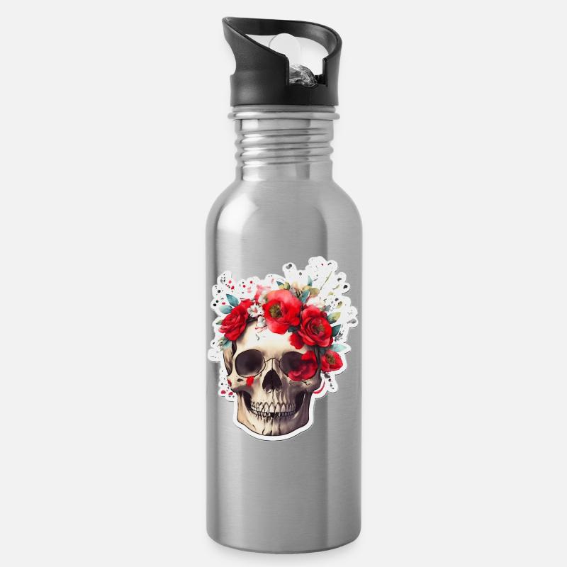 Crâne à fleurs rouges - Gourde avec paille intégrée - argent clair