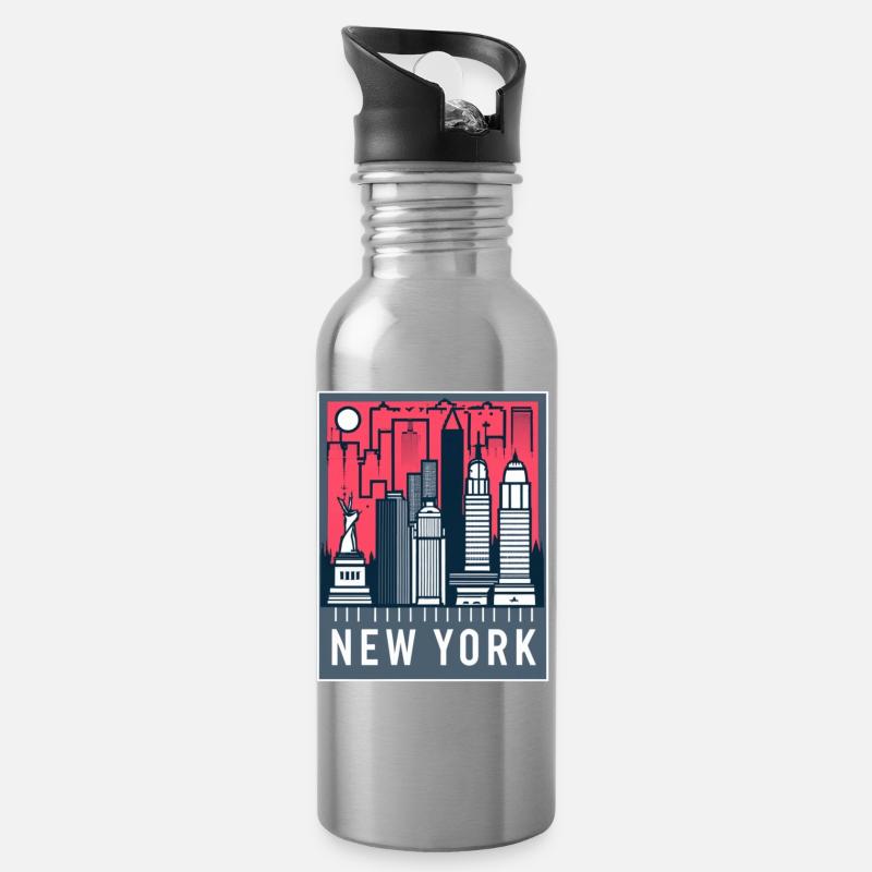 New Yorker Skyline Pop Art - Trinkflasche mit integriertem Trinkhalm - Lightsilver