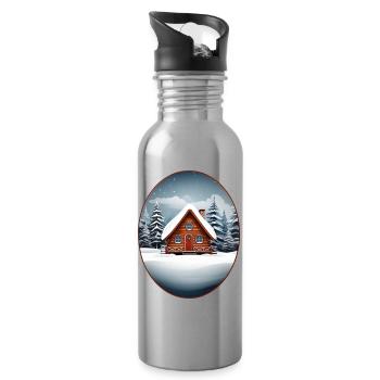 Wooden house, Christmas hut - Water bottle with straw - silver - Right