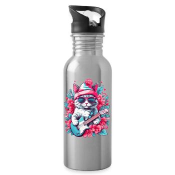 Cute cat with guitar - Water bottle with straw - silver - Right