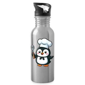 Cute Penguin Chef Cartoon Comic Design - Water bottle with straw - silver - Right