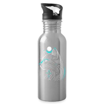 Minimalist Bastet Cat in Profile with Moon - Water bottle with straw - silver - Right