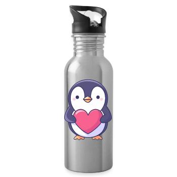 Penguin Holding a Red Heart - Adorable cartoon - Water bottle with straw - silver - Right