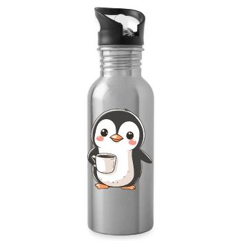 Niedlicher Pinguin mit Kaffeetasse - Entzückendes Design - Trinkflasche mit integriertem Trinkhalm - Lightsilver - Rechts