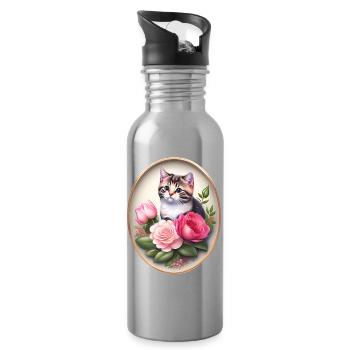 Vintage Katzenportrait mit Rosen - Trinkflasche mit integriertem Trinkhalm - Lightsilver - Rechts