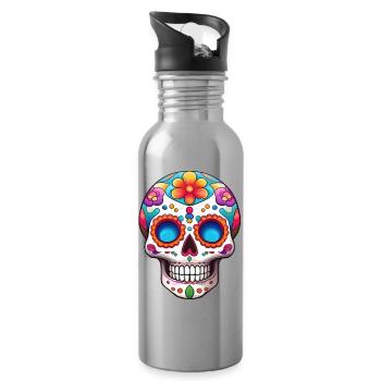 Vibrant Sugar Skull Floral Mexican - Water bottle with straw - silver - Right