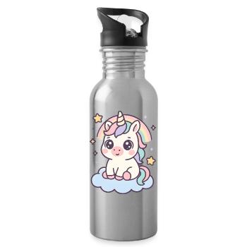 Kawaii Unicorn on Cloud with Rainbow Stars - Water bottle with straw - silver - Right