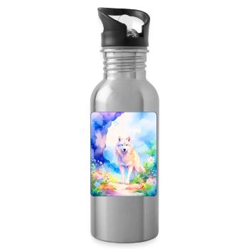 Loup blanc entouré de fleurs - Gourde avec paille intégrée - argent clair - Droite