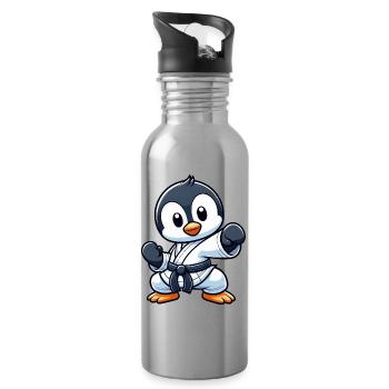 Cute Penguin Karate Cartoon Martial Arts Art - Water bottle with straw - silver - Right