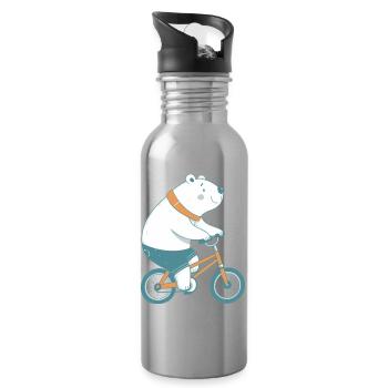Polar Bear on Orange Bike - Water bottle with straw - silver - Right