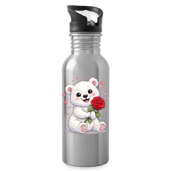 Ours mignon avec une rose – Motif de la Saint-Valentin - Gourde avec paille intégrée - argent clair - Droite