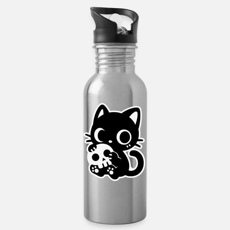 Chat mignon effrayant avec un crâne | Kawaii Spooky Mot - Gourde avec paille intégrée - argent clair