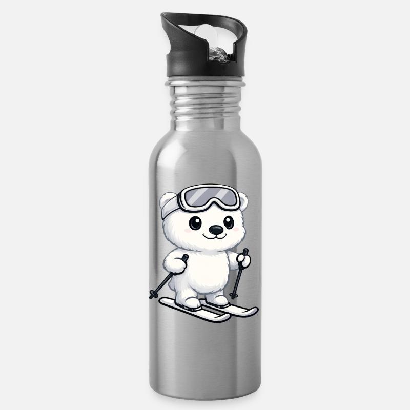 Süßer Eisbär Skifahrer Cartoon Winter Urlaub - Trinkflasche mit integriertem Trinkhalm - Lightsilver