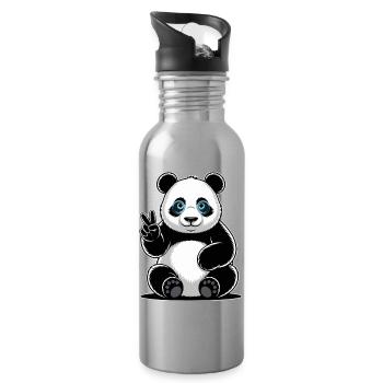 Dessin animé Panda Peace Sign - Gourde avec paille intégrée - argent clair - Droite