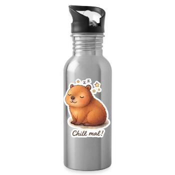 Chill mal! – Süßes Capybara Schlaf Motiv - Trinkflasche mit integriertem Trinkhalm - Lightsilver - Rechts