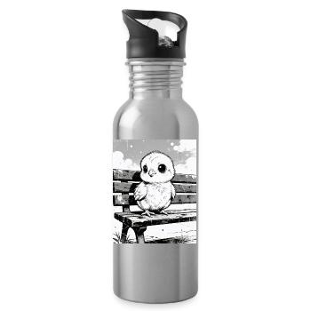 Küken auf Bank im Skizzenstil - Trinkflasche mit integriertem Trinkhalm - Lightsilver - Rechts