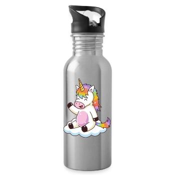 Regenbogen-Einhorn auf der Wolke - Trinkflasche mit integriertem Trinkhalm - Lightsilver - Rechts