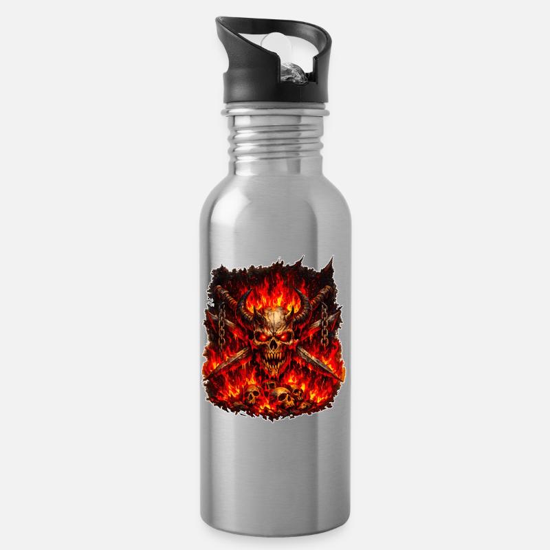 Crâne de Feu avec des Cornes - Gourde avec paille intégrée - argent clair