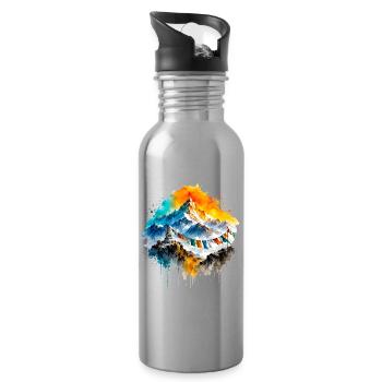 Montagnes aquarellées de l’Himalaya et drapeaux de prière - Gourde avec paille intégrée - argent clair - Droite