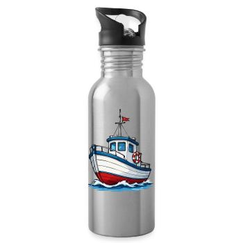 Coastal Boat Cartoon Motif - Water bottle with straw - silver - Right