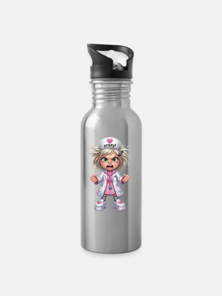 Crazy Nurse Cartoon - Water bottle with straw - silver