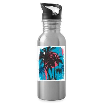 Palmen im Neon-Sonnenuntergang - Trinkflasche mit integriertem Trinkhalm - Lightsilver - Rechts
