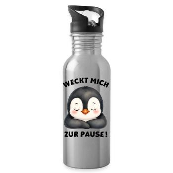 Klassentier Pinguin "Weckt mich zur Pause!" - Trinkflasche mit integriertem Trinkhalm - Lightsilver - Rechts