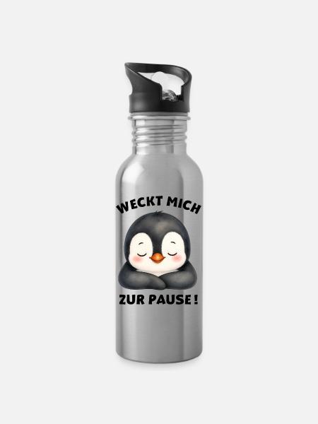 Klassentier Pinguin "Weckt mich zur Pause!" - Trinkflasche mit integriertem Trinkhalm - Lightsilver