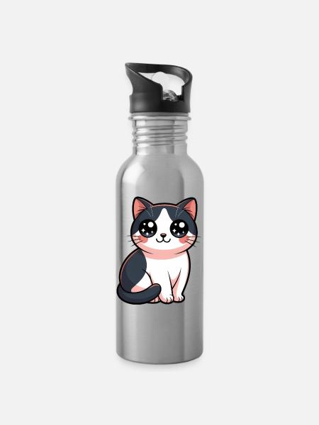 Kawaii Kätzchenkatzenliebhaber - Trinkflasche mit integriertem Trinkhalm - Lightsilver