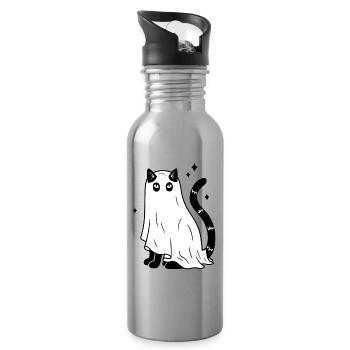 Halloween Katze Gespenst - SW mit Sternen - Trinkflasche mit integriertem Trinkhalm - Lightsilver - Rechts
