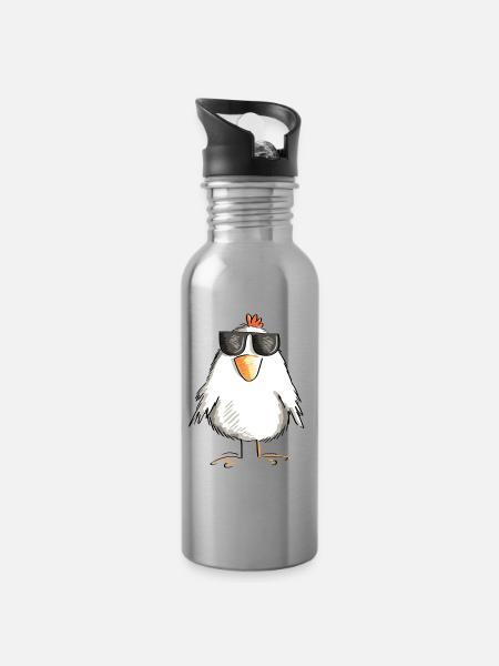 Chicken with cool sunglasses - rooster - goose - Water bottle with straw - silver