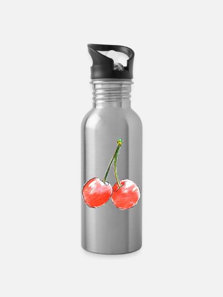 Two Sweet Cherries Sketch - Water bottle with straw - silver