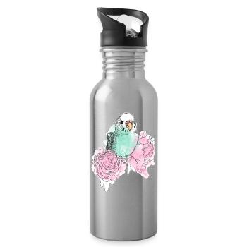 Wellensittich und Pfingstrosen - Trinkflasche mit integriertem Trinkhalm - Lightsilver - Rechts