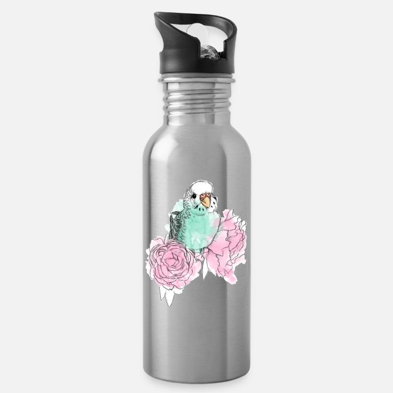 Budgerigars et pivoines - Gourde avec paille intégrée - argent clair