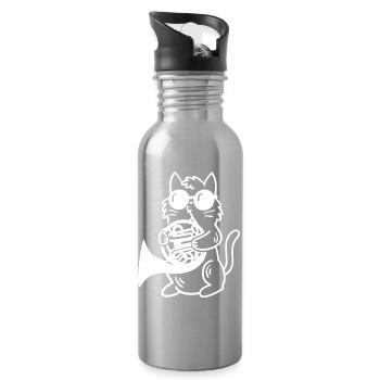 Katze spielt Waldhorn - Trinkflasche mit integriertem Trinkhalm - Lightsilver - Rechts