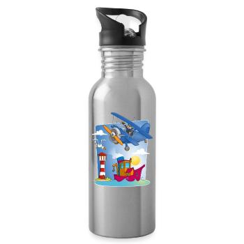 soleil, mer, avion, bateau phare et mouette - Gourde avec paille intégrée - argent clair - Droite