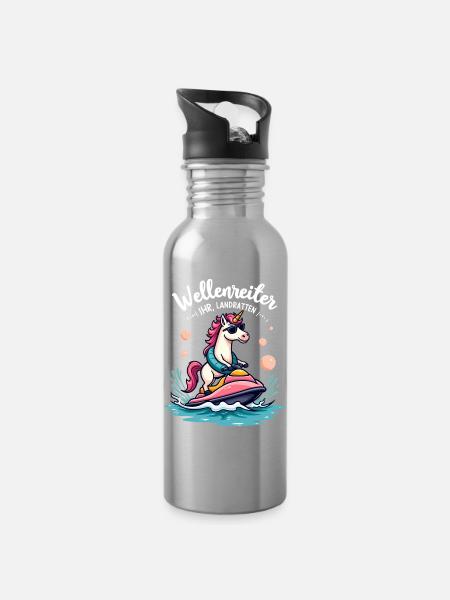 Pinker Einhorn Wellenreiter - Trinkflasche mit integriertem Trinkhalm - Lightsilver