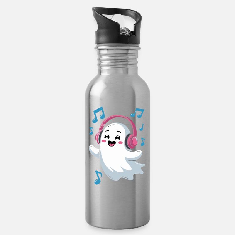 Musikbegeisterter Ghost mit Kopfhörern - Trinkflasche mit integriertem Trinkhalm - Lightsilver