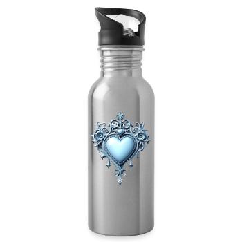 Mystisches Herz in Blau verziert - Trinkflasche mit integriertem Trinkhalm - Lightsilver - Rechts