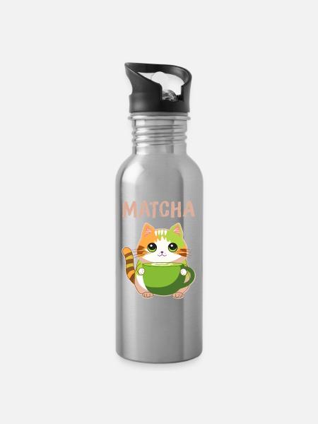 Matcha Katze - Trinkflasche mit integriertem Trinkhalm - Lightsilver