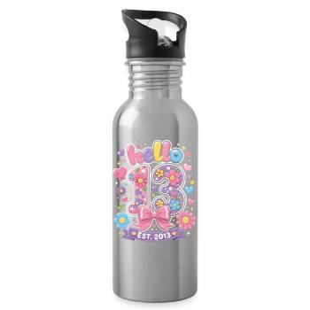 Hello 13 Year Old Gold and Pink Bow | Teen Birthday - Water bottle with straw - silver - Right