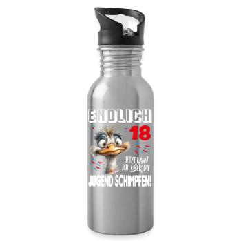 Endlich 18: Strauß Vogel Geburtstag Birthday - Trinkflasche mit integriertem Trinkhalm - Lightsilver - Rechts