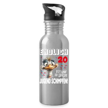 Endlich 20: Strauß Vogel Geburtstag Birthday - Trinkflasche mit integriertem Trinkhalm - Lightsilver - Rechts