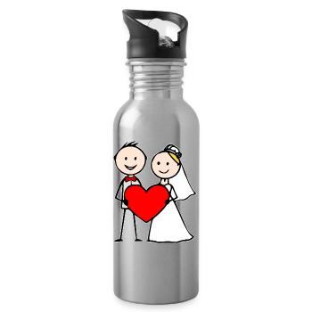 Wedding Couple Cartoon Heart - Water bottle with straw - silver - Right